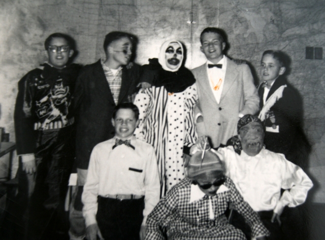 An early boy-girl party of Brooksiders at Jane Johnsons.  Halloween, 1954. Jim Quayle, Dick Hiemerl, Jim Kiesner, Tom Arnold, Richard Tillman, Pat Rafferty, Paul Nauret and Doug Plantikow